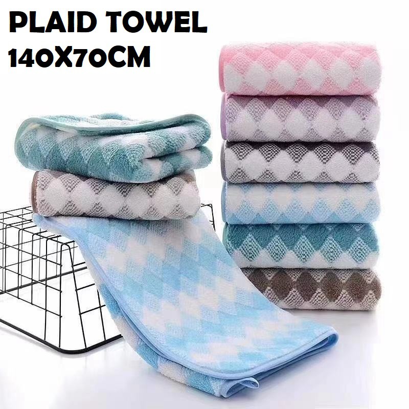 Handuk Mandi Dewasa Uk 140 X 70 CM QUICK DRY MICROFIBER BULU LEMBUT SERAP AIR PREMIUM PLAID TOWEL MOTIF KOTAK Unisex