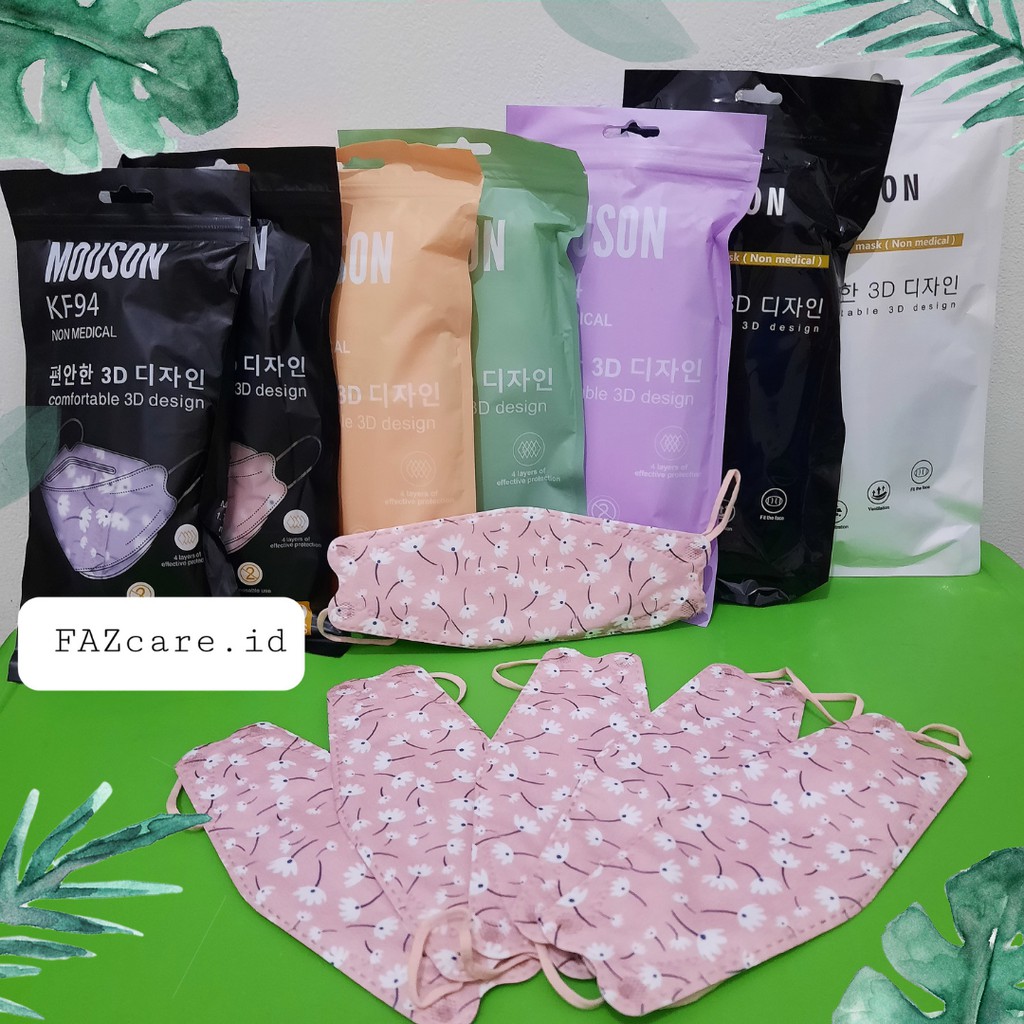 Masker KF94 MOUSON Warna Tali Sewarna ECER 1pcs - Pink Motif Bunga