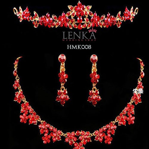 Paket Mahkota Kalung Anting Merah Pengantin l Aksesoris Crown Wedding Lenka - HMK008