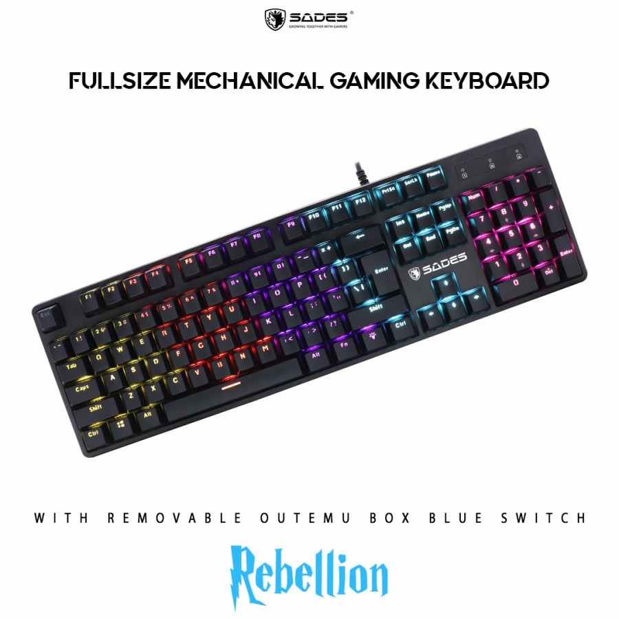 Keyboard gaming sades wired Usb 1.7m  mechanical 104 keys cable Rgb Removable switch Rebellion