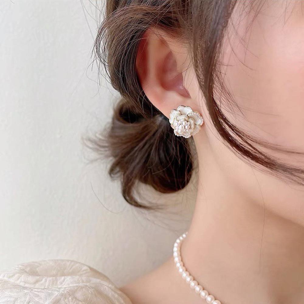Rebuy Camellia Earrings Elegan Korea Bunga Putih Hitam Alloy Bracelets