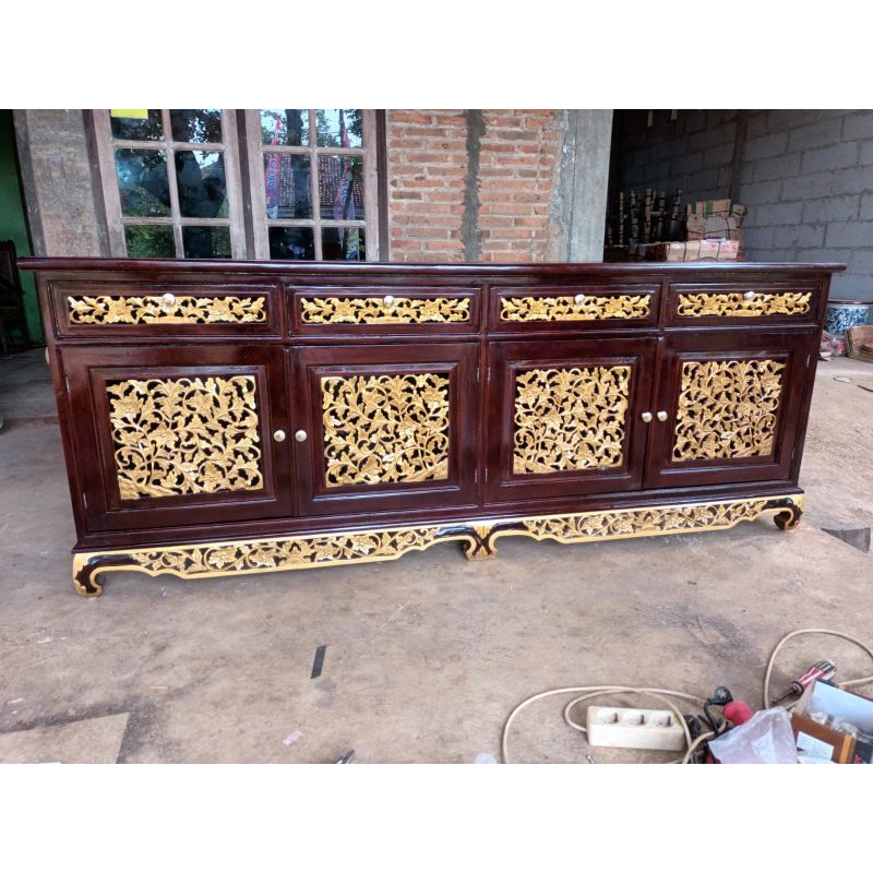 BUFET TV PALEMBANG MOTIF UKIRAN KAYU JATI | BUFER LEMARI PALEMBANG FURNITURE JATI | BUFET TV PALEMBA