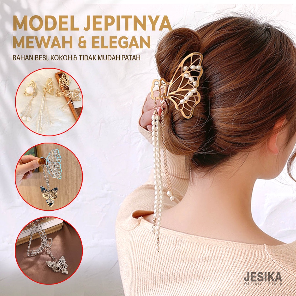 Jepit rambut korea jedai kupu love mutiara rantai rumbai bahan besi claw hairclip jepitan jeday wanita warna emas silver premium import