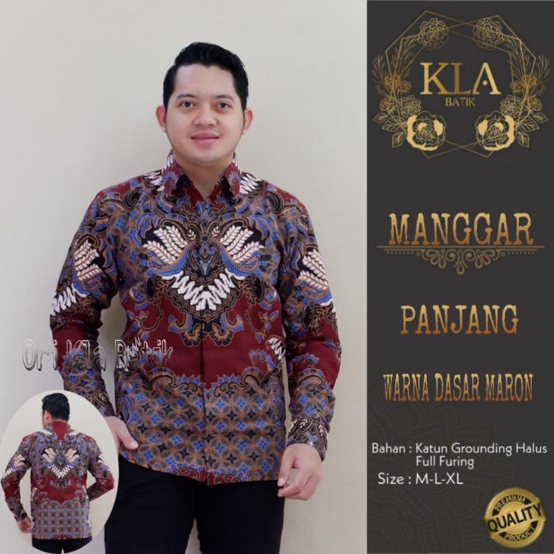 BATIK MERAH MAROON KEMEJA BATIK PRIA LENGAN PANJANG LAPIS FURING BATIK SOLO MANGGAR