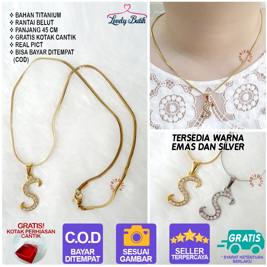 Lovelybutik Honey Kalung Huruf Titanium Anti Karat Inisial S Uk 45 cm BONUS KOTAK PERHIASAN