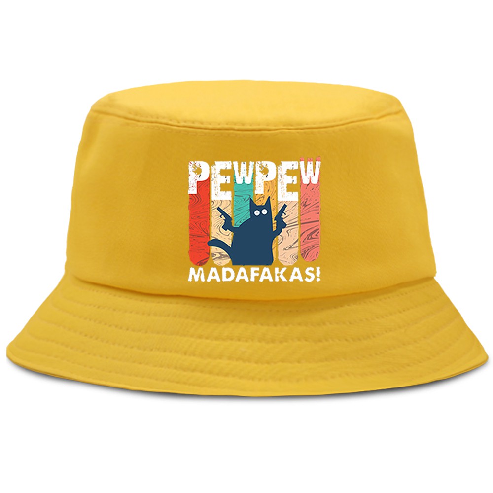 Topi Bucket Motif Print Kucing Warna Hitam Gaya Hip Hop Untuk Pria Dan Wanita