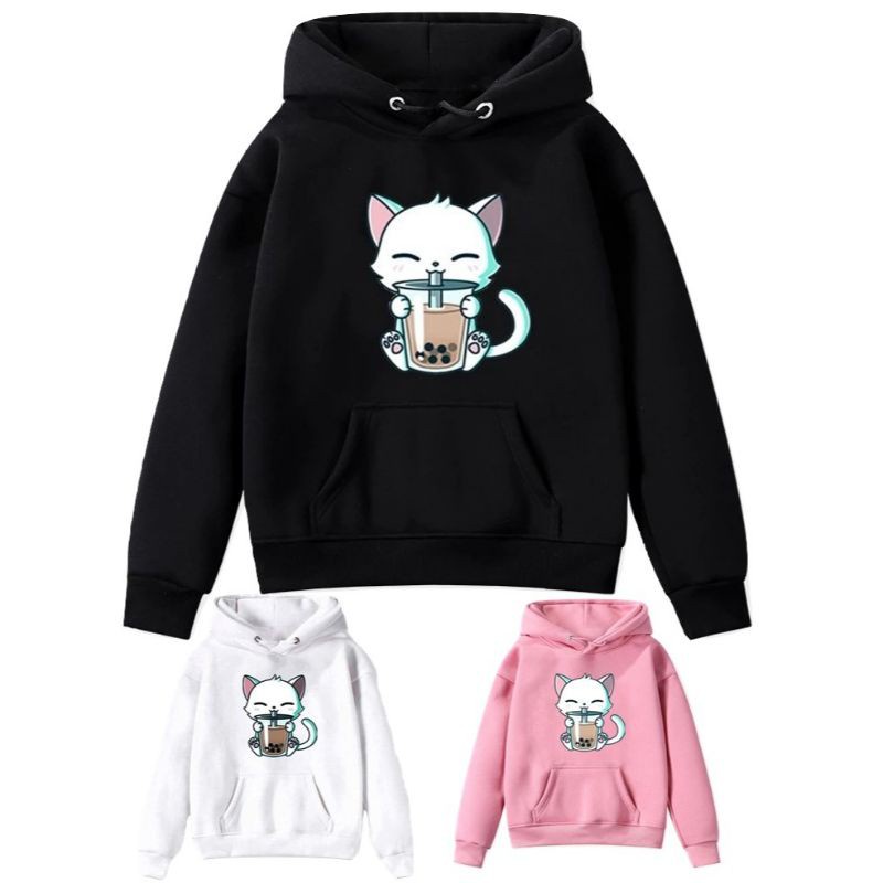 HOODIE ANAK UNISEX CAT BOBA /// ATASAN ANAK FLEECE TEBAL KEKINIAN TERBARU''