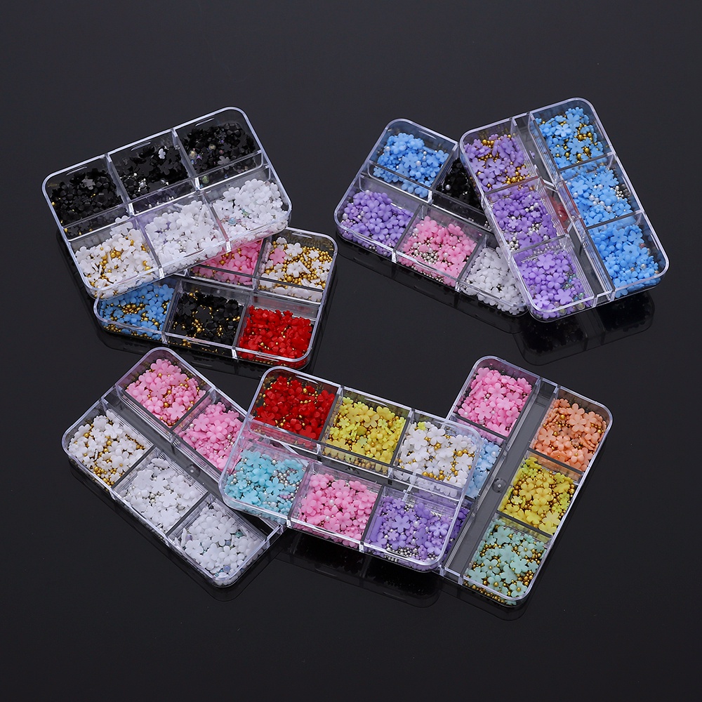 【COD Tangding】6 Grid / Kotak Stiker Kuku 3D Bahan Akrilik Motif Bunga Mutiara Kristal Untuk Dekorasi Nail Art