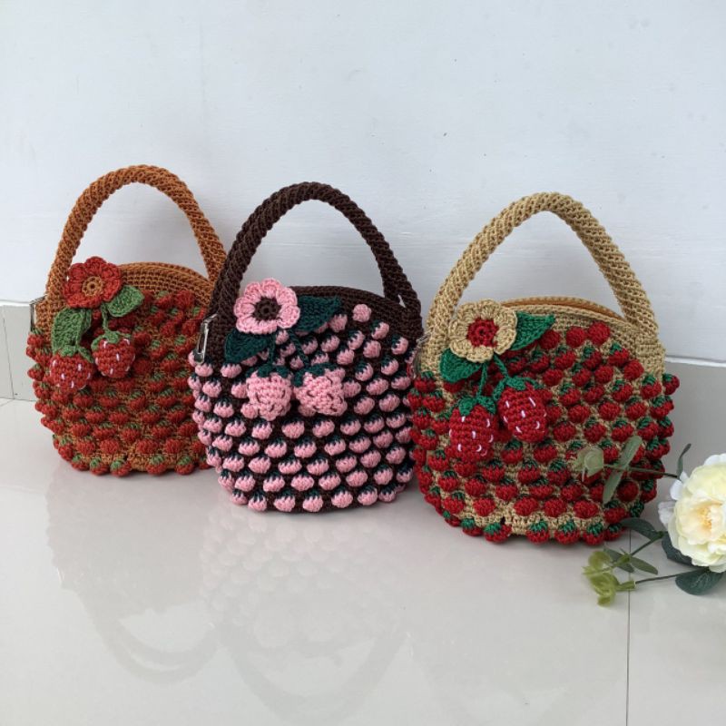 ORIGINAL HANDMADE Dompet Rajut nilon Tas Rajut nilon Pouch Kosmetik Rajut Handbag Rajut Strawberry