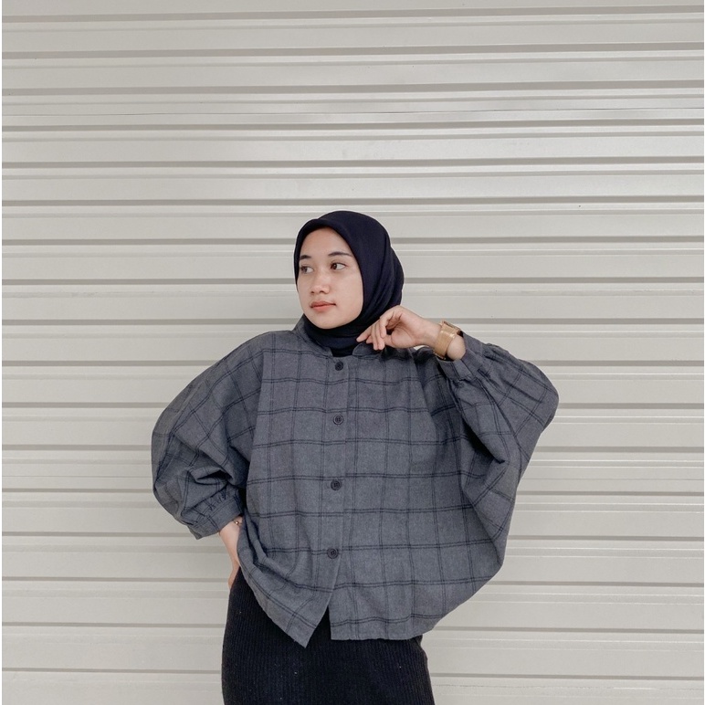 Viona/tamara/cheesy batwing kancing flanel tartan oversize