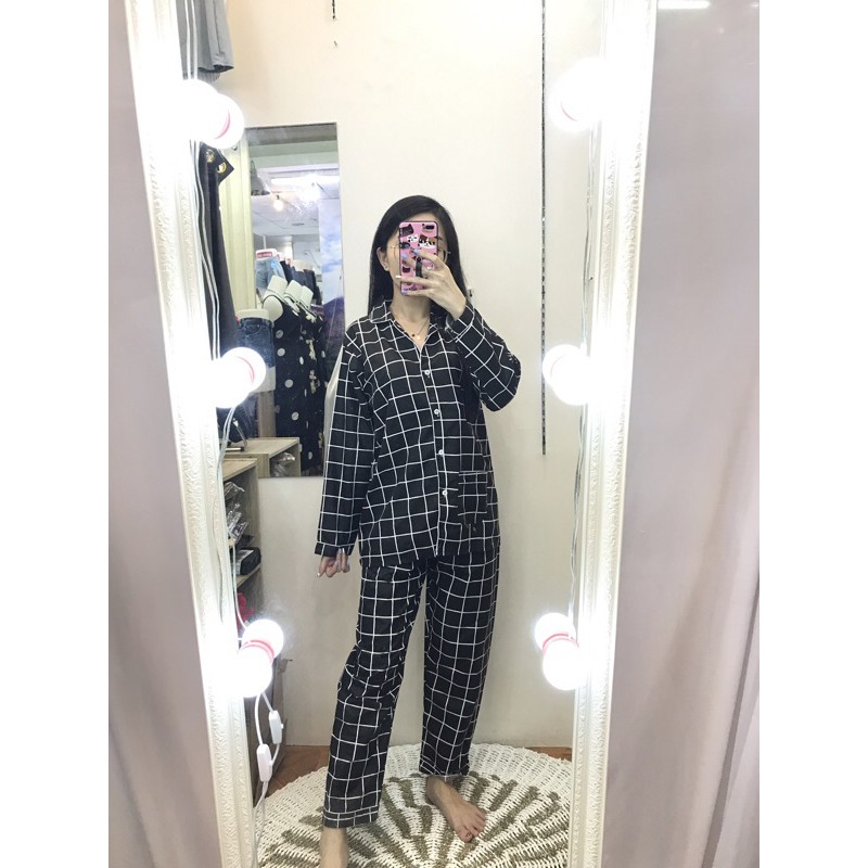 piyama/pajamas kotak&quot; PP hitam murah.homewear/sleepwear/bajutidur cwe PP tartan black kekinian