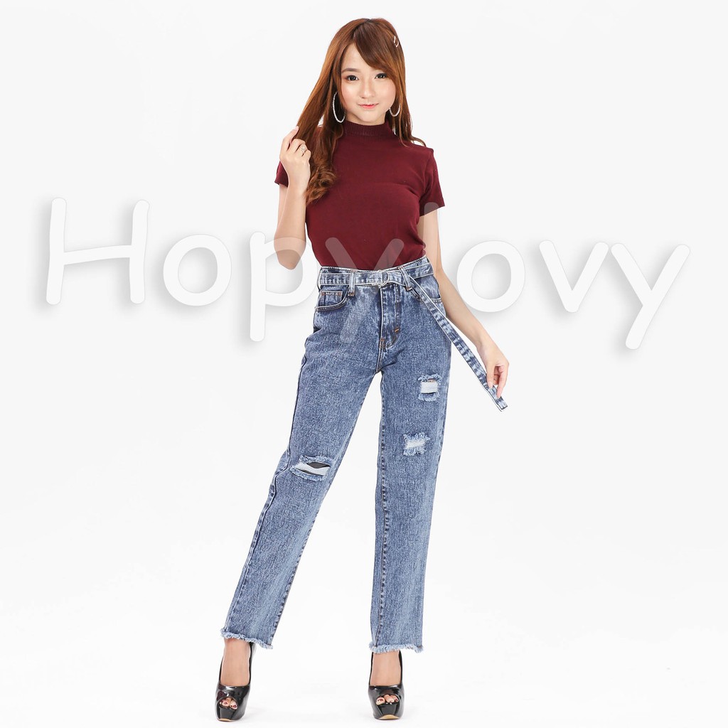 HOPYLOVY Celana Boyfriend Jeans Wanita Saida termasuk Belt