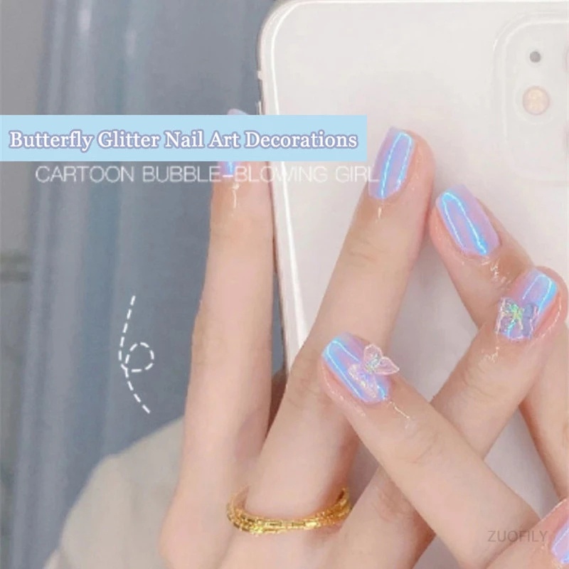 10pcs / set Stiker Kupu-Kupu 3D Aurora Glitter Dua Lapis Warna-Warni Untuk Dekorasi Nail Art