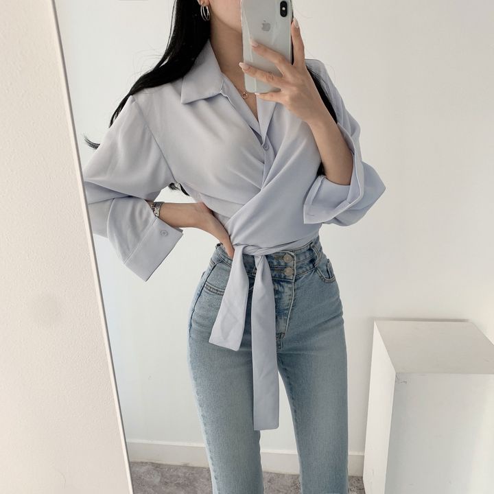 Wrap Blouse Kemeja Lengan Panjang Wanita Terbaru Crop Top