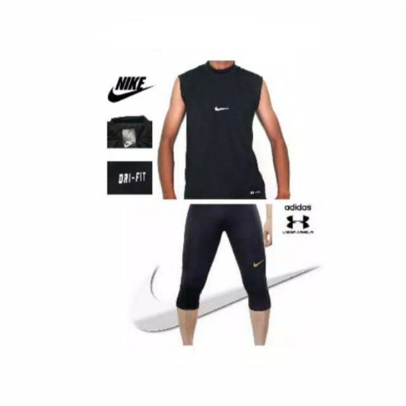 [2pcs] Setelan Baselayer Singlet &amp; Legging Bawah Lutut