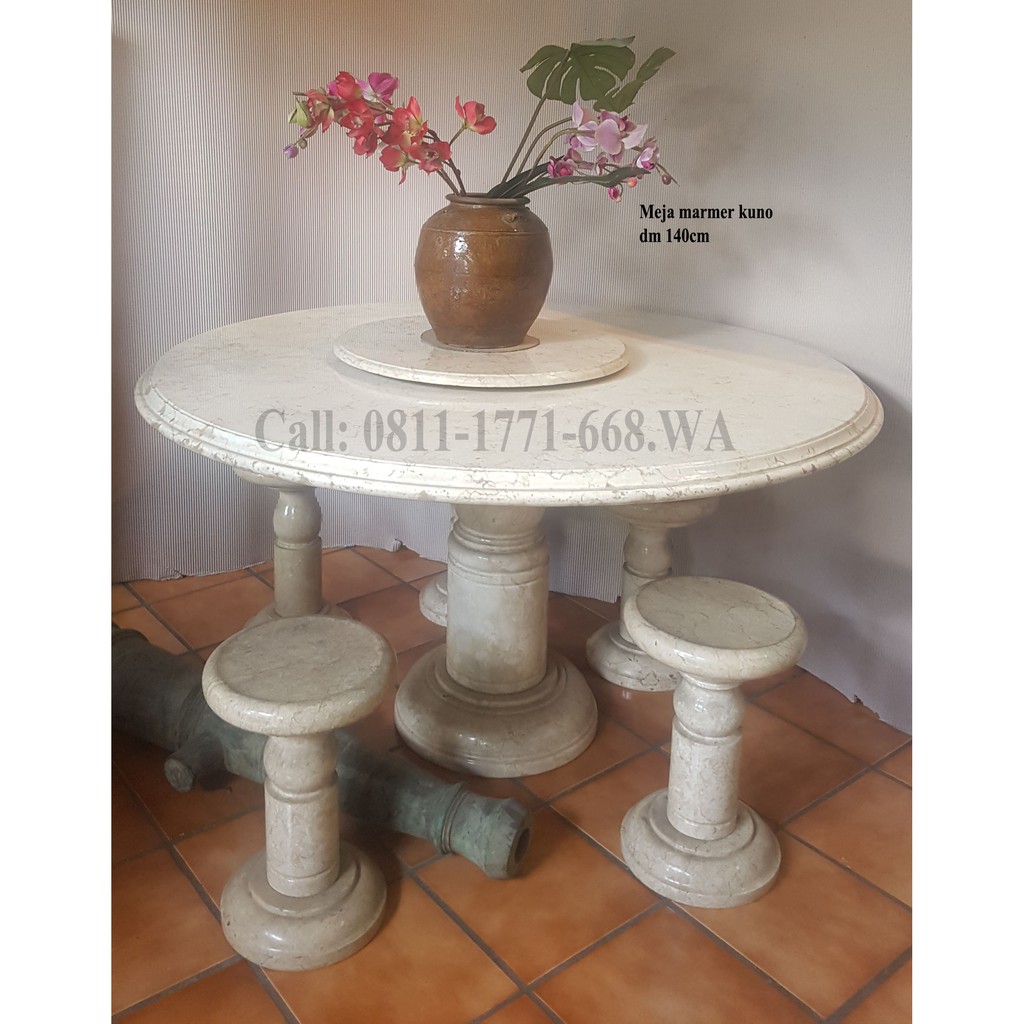 Meja marmer kuno lengkap dengan stool marmer 4pc