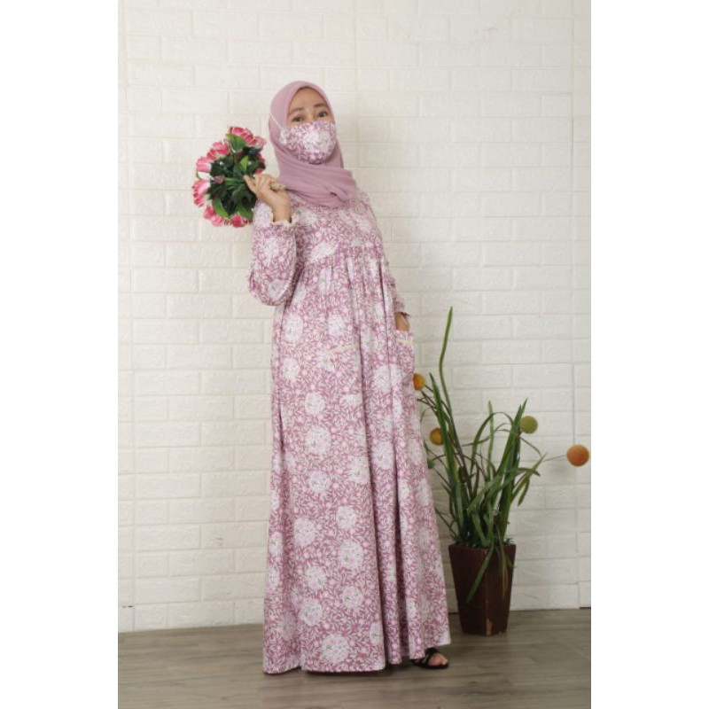 Roris Fasion | Gamis motif Kembang untuk remaja dan dewasa + Free masker UNGU