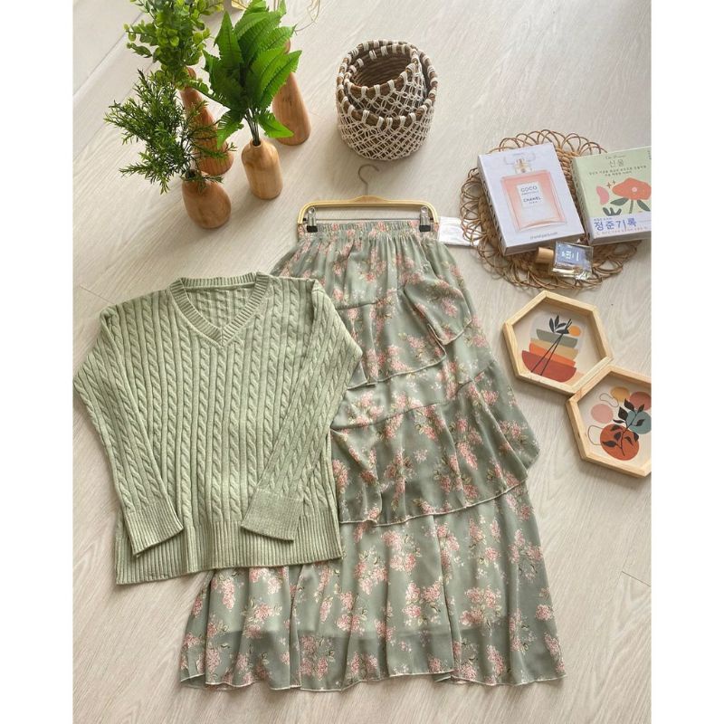 Setelan Rok Import n Knitwear Rajut Premium / One Set / Namika Cable Matcha Set Rok Syarah Matcha