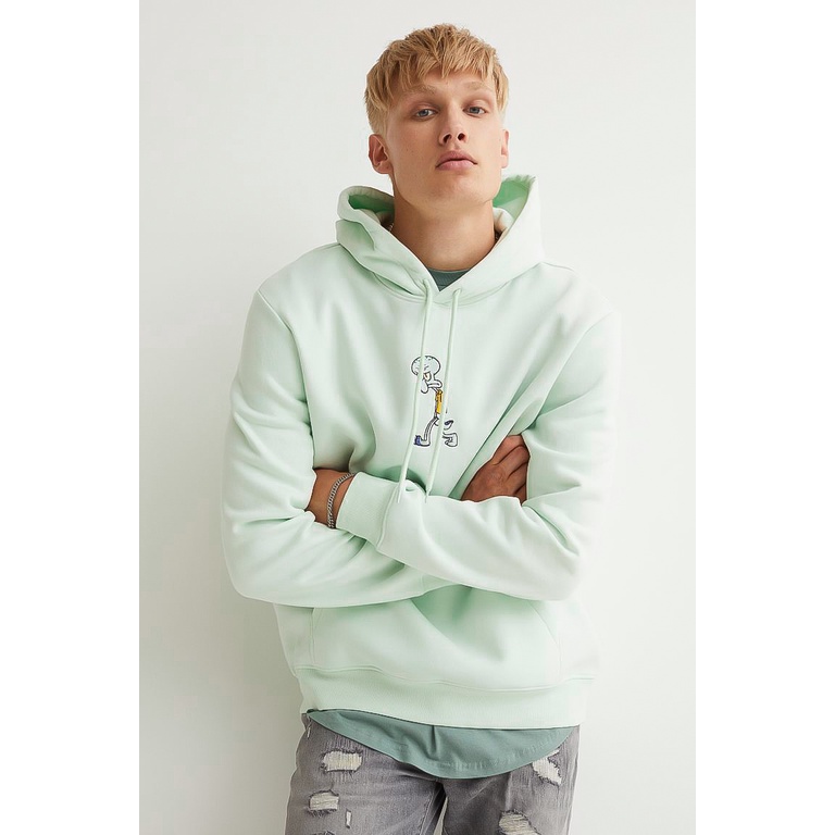 Hoodie H&amp;M Squidward Hijau mint Bordir logo Sweater hnm Squidward green mint