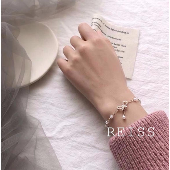 Gelang Korea Fashion Busur Mutiara Hias Berlian imitasi Bangle Liar