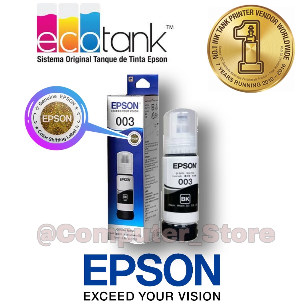 Epson Ink Bottles 003 Black Colour ( Cyan, Magenta, Yellow ) | Tinta Botol Printer Hitam Dan Warna Untuk Printer Epson Seri L3110, L1110, L1200, L3200, L5100, L3150, L5190, L3156, L3116 ( Hitam Biru Merah Kuning ) Geniune Origianl Bisa Scan Barcode