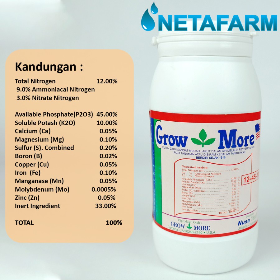 PUPUK NPK 12-45-10 GROWMORE 454 GRAM