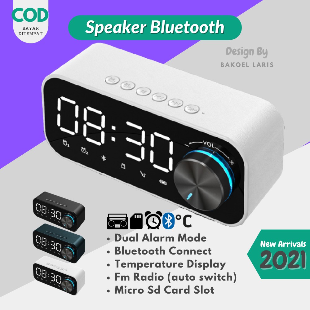 (COD) Jam Digital Meja Speaker Bluetooth Jam Kamar LED Alarm Digital Jam Meja Digital Putih