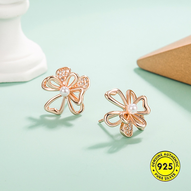 Anting Stud S925 Silver Bentuk Bunga Hibiscus Aksen Berlian Untuk Wanita