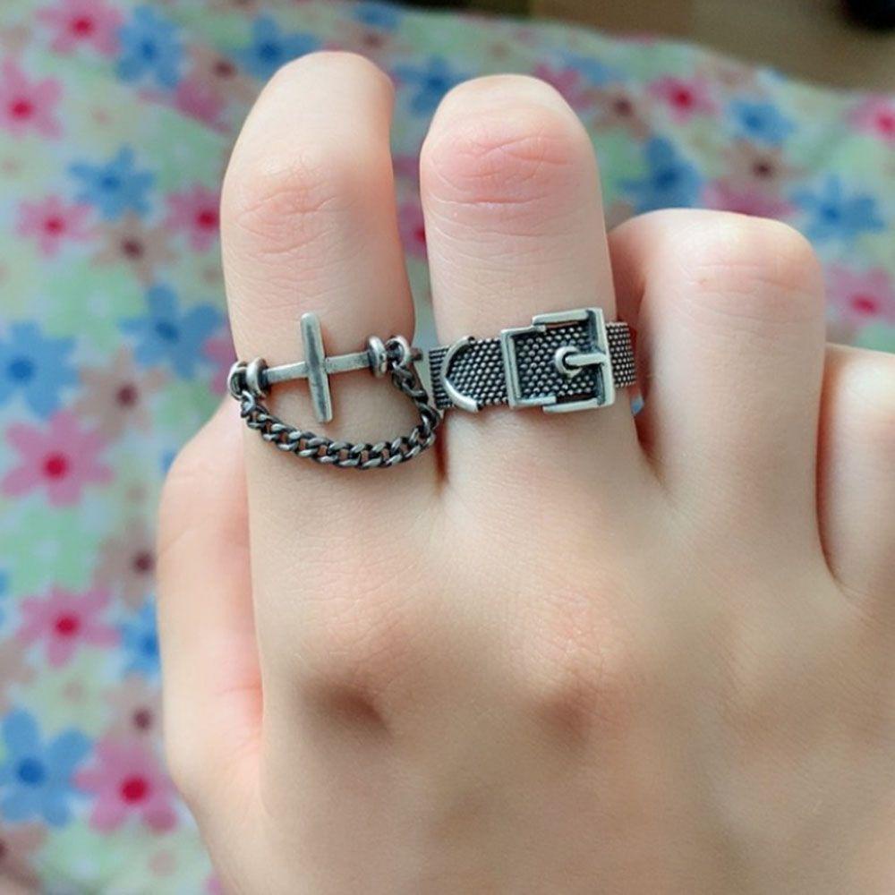 Mxbeauty Cincin Jari Punk Gothic Rantai Terbuka Rings Sabuk Gesper Midi Rings Perhiasan