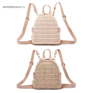 Tas Ransel Wanita Bahan Jerami Aksen Mutiara Casual untuk Tas Ransel Wanita Bahan Jerami Aksen Mutiara Casual untuk