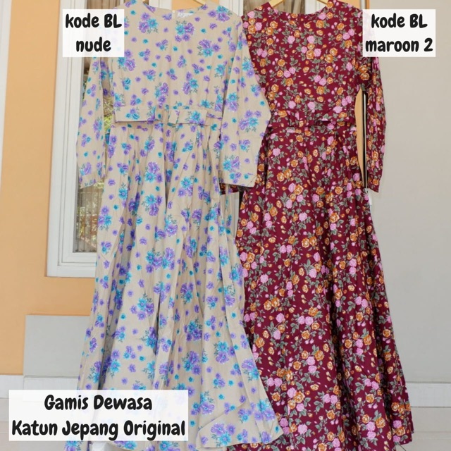Gamis Dewasa Katun Jepang Original (Gamis Syar’i Casual Formal Motif Bunga Harian Warna Cantik Adem)