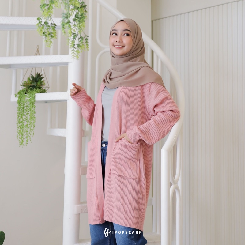 LUMA LONG CARDI | cardigan rajut panjang, soft knit cardigan-DUSTY