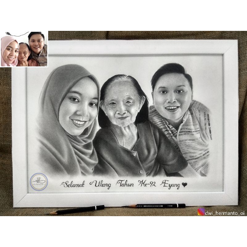 Sketsa wajah - Lukisan pensil A3 (3 wajah).