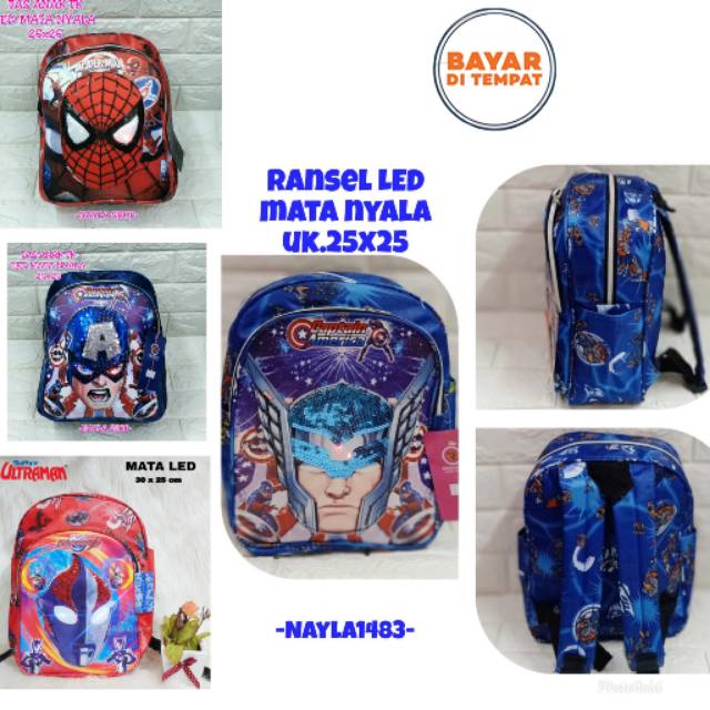 Tas anak superhero Led - Ransel led lampu nyala - ultraman -spiderma - capten amerika