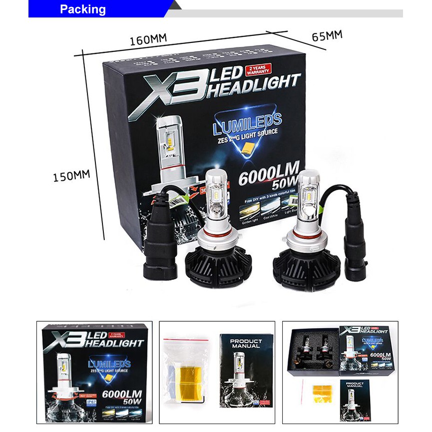 Lampu LED Headlamp Mobil H11 X3 Best Quality 3 Warna