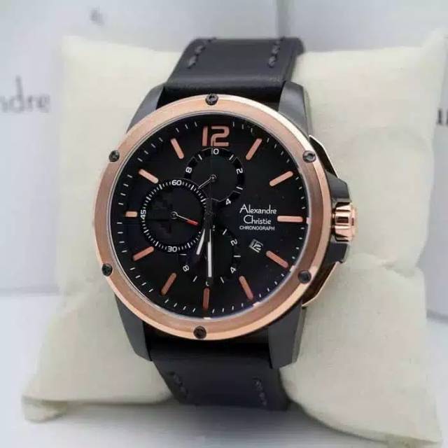 Jam Tangan Alexandre Christie AC 6486MC Leather / Kulit Black Body BlackRose Pria / Cowok Original