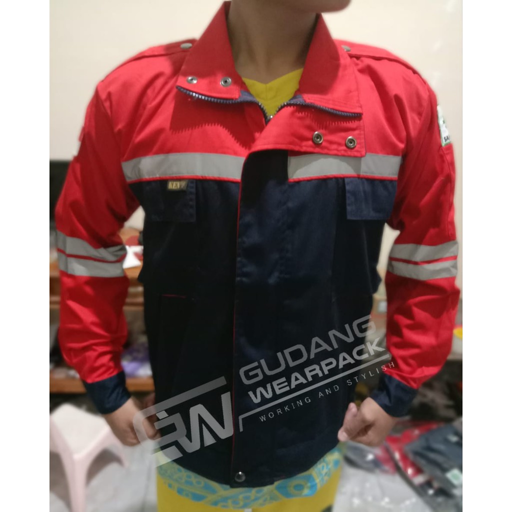 Gudang Wearpack - Baju Kerja Seragam Proyek SemiJaket Warna Dongker Merah