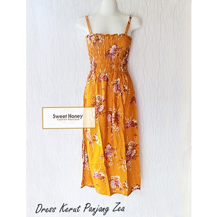 Sweet Honey ~ Dress Kerut Panjang Semok Bali Zea Tali Satu BH Motif Bunga dan Etnik Random