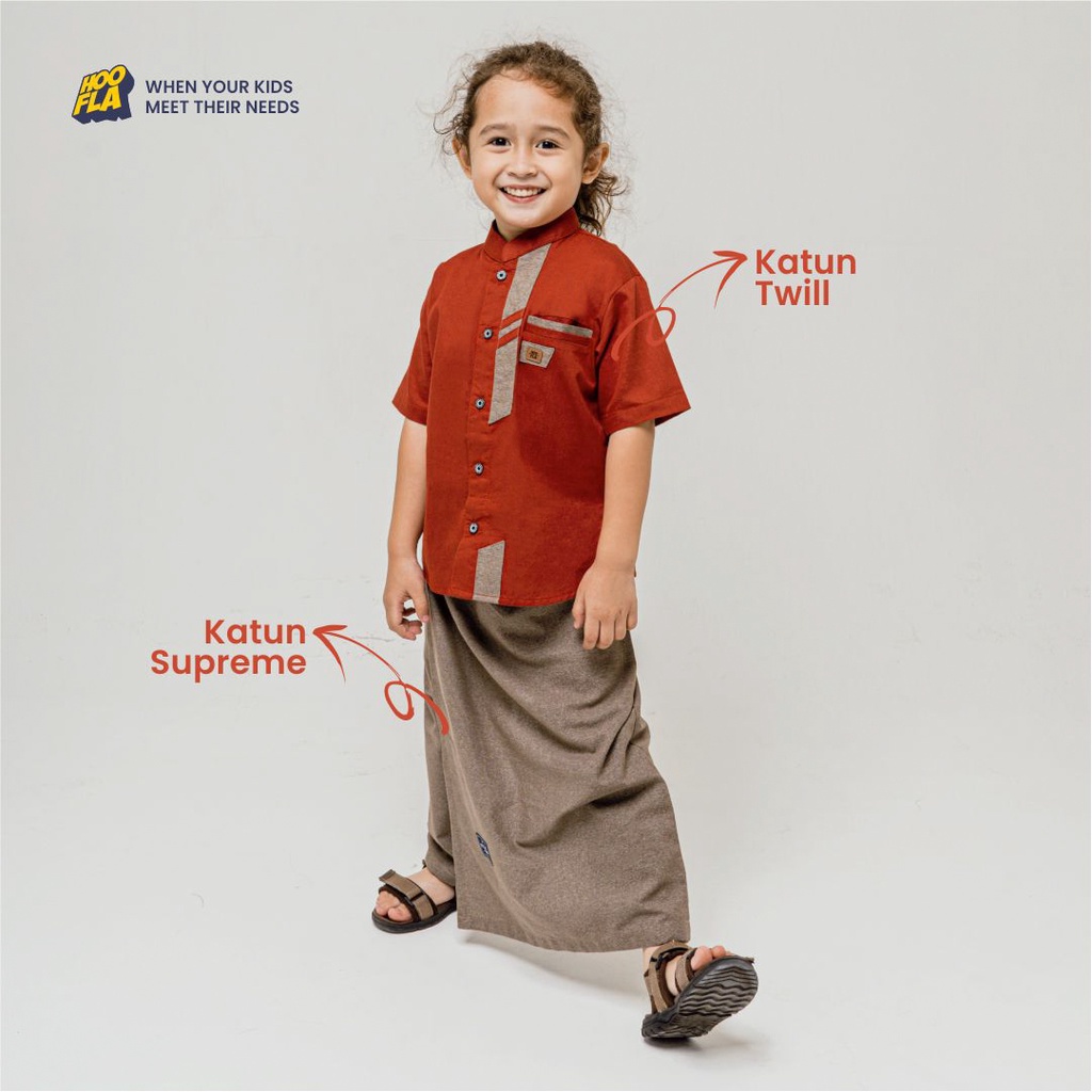 Hooflakids Set Setelan Baju Koko Anak Laki Laki Usia 1-10 Tahun Warna Terra Cotta (NKH09) Bawahan Celana Sarung Sarcel