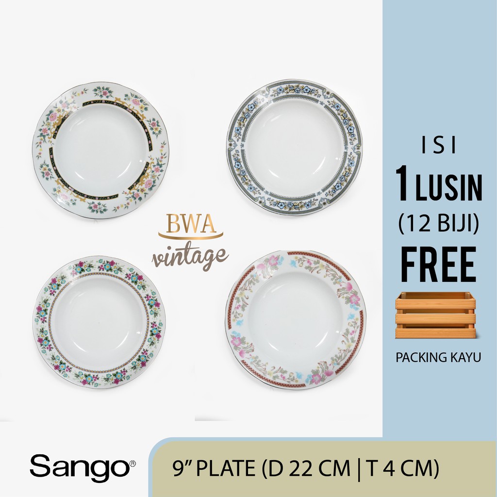 Piring Sango Kembang 9 inch isi 1 lusin (12 biji) FREE packing kayu