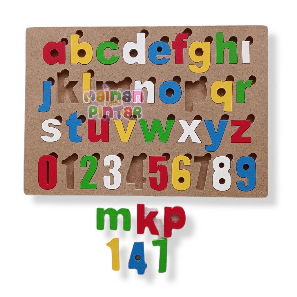 Puzzle Kayu Cat Huruf Alfabet Kecil Dan Angka Tebal - Mainan Edukasi Anak