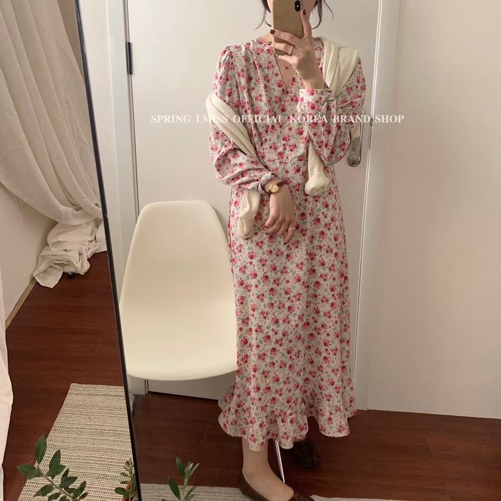 AIMEI Vintage Longgar Floral V-Neck Lengan Panjang Dress