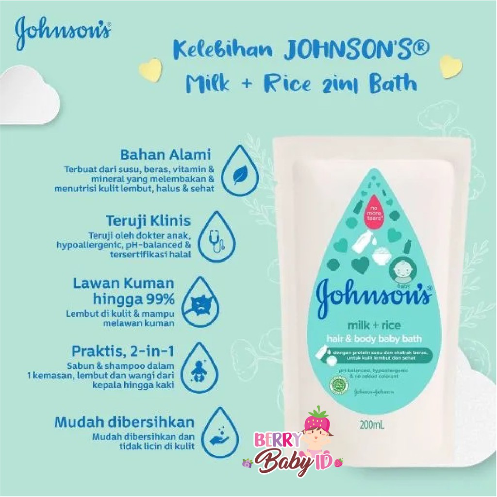 Johnson's Milk and Rice Hair &amp; Body Baby Bath Shampo Sabun Bayi Refill 200 ml Berry Mart