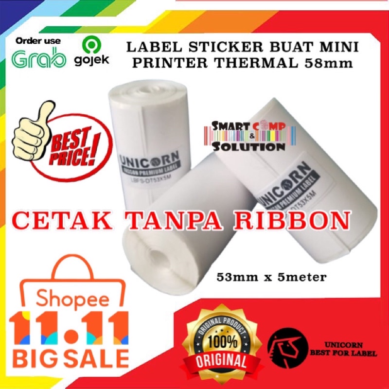 Kertas Stiker Direct Thermal 53mm x 5meter coreless - printer POS 58mm