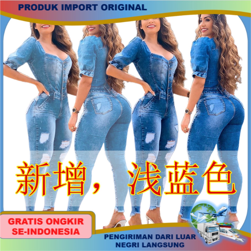terusan wanita style Eropa Dan Amerika gaya Baru Denim Slim Fit Tali Spaghetti Jumpsuit celana cewek