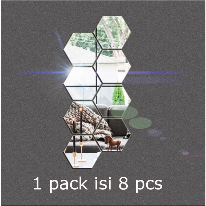 Dekorasi Dinding Stiker kaca Acrylic HEXAGONAL Impor 1 Set Isi 8