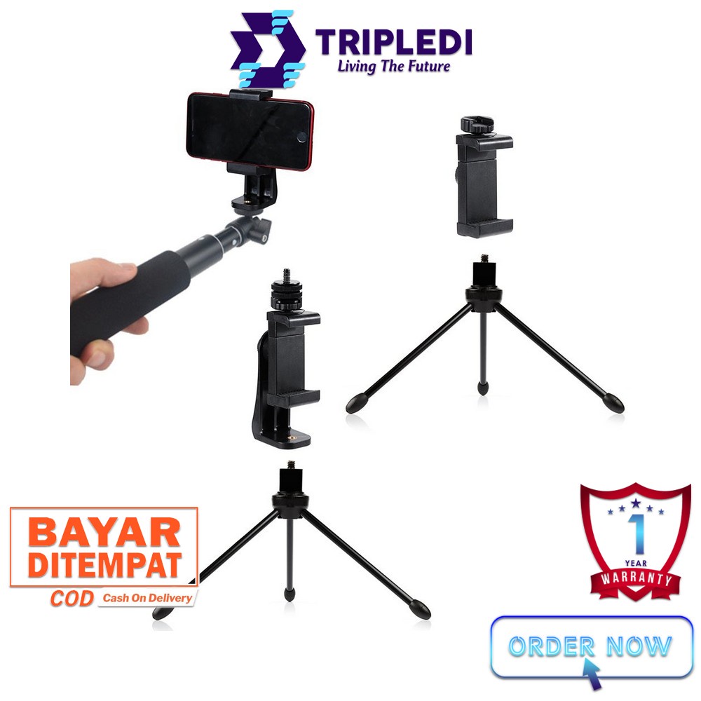 TRIPLEDI Phone Klip Stand Screw Baut Tongsis Tripod Selfie Stick Flash Light Dudukan Handphone Ponsel Rotatable  360 Derajat Horizontal Vertikal Universal IOS Android iPhone Samsung Extendable-1