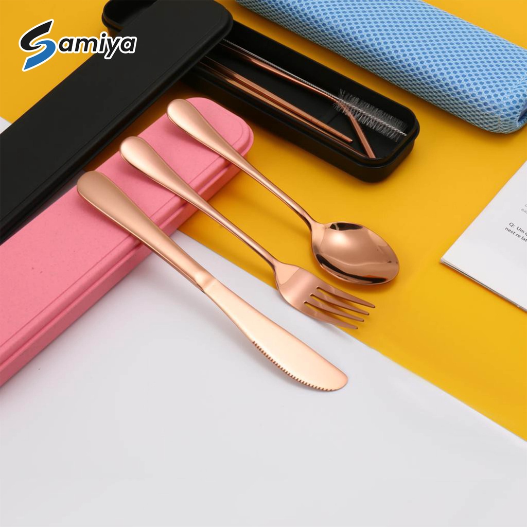 paket lengkap sendok garpu sumpit sedotan set warna rosegold gold black rainbow / alat makan set