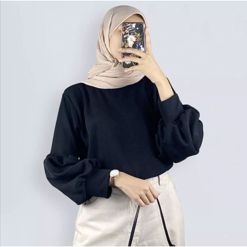 Atasan Wanita Lengan Balon/Baju Wanita Rib Rajut Lengan Balon/Kaos Polos Wanita Lengan Balon