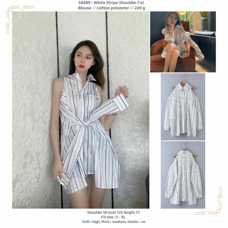 Blouse jumbo putih salur bahu bolong lengan panjang